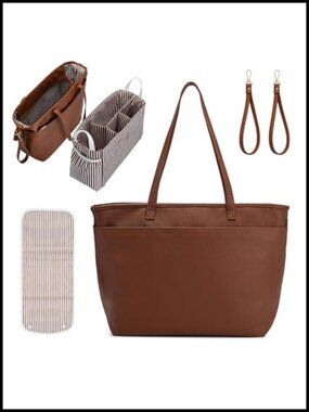 Vegan Leather Diaper Bag Tote with Removable Organizer, 13" Laptop Sleeve